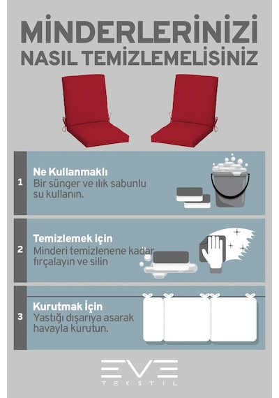 Eve Tekstil Bahçe - Salon - Balkon Arkalıklı Fermuarlı Bağlanabilir Yıkanabilir Sandalye Minderi 8 Adet Kırmızı