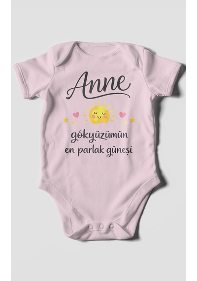 Morivokids Anne, Gökyüzümün En Parlak Güneşi Kısa Kollu Bebek Body Bebe Pembe