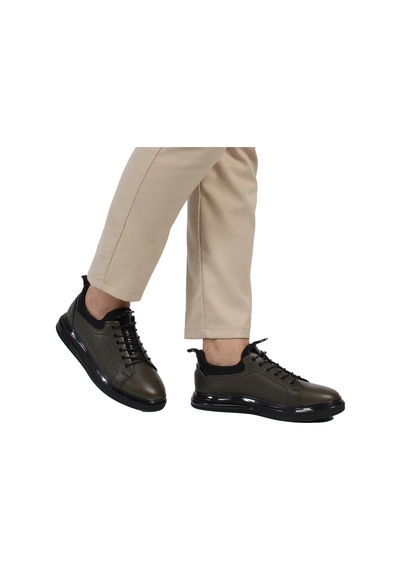 Erkek Haki Bağcıklı Kalın Tabanlı Deri Sneaker siyah