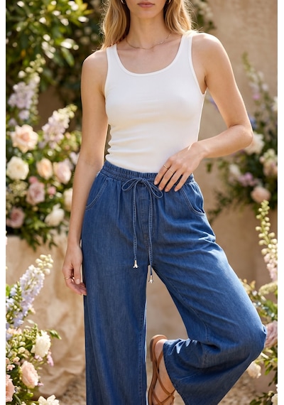 Soulshae Yüksek Bel Beli Lastikli Denim Pantolon Mavi