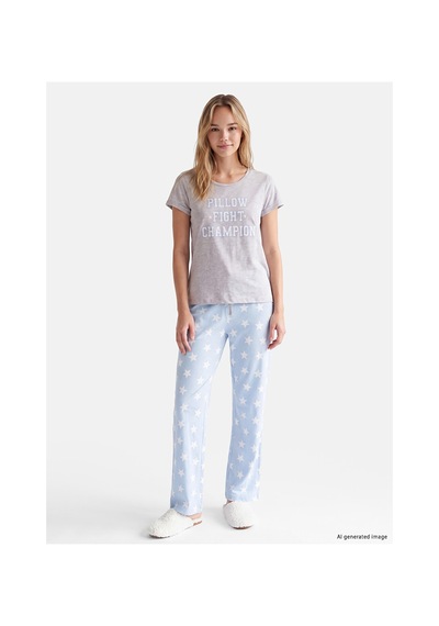 Lcw Dream Mavi Bisiklet Yaka Baskılı Kadın Pijama Takım