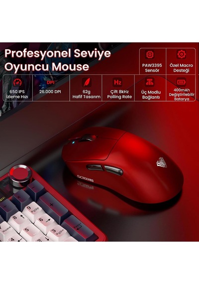 Sc900 Max Paw3950 Sensör 30000 Dpı 8000hz Kablolu Ve Kablosuz Gaming Oyuncu Mouse Kırmızı