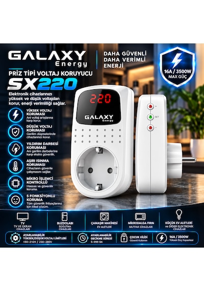 Galaxy Energy Sx220 Dijital Voltaj Koruyucu Priz 16a 3500w Ayarlanabilir Yüksek Düşük Voltaj Koruması Yıldırım Darbesi Koruması Çocuk Kilidi Yok