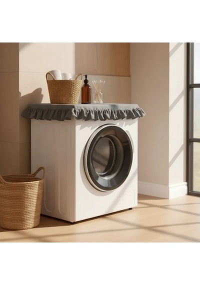 Fırfırlı Çamaşır Makinesi Örtüsü - Çeyizlik Dekoratif Banyo Makine Kılıfı- Füme