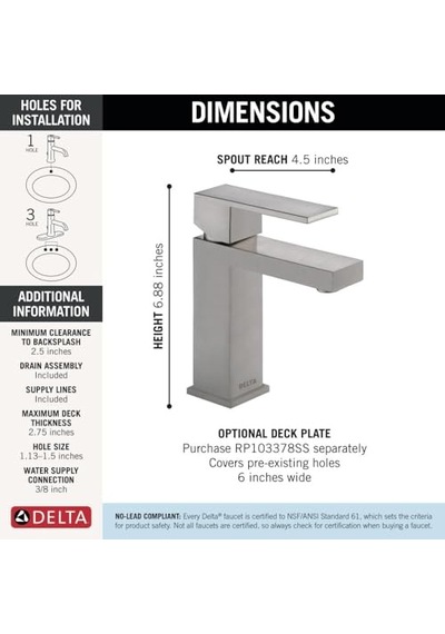 Faucet Modern Tek Delikli Banyo Musluğu Fırçalanmış Nikel, Tek Kollu Banyo Musluğu, Gider Montajı, Paslanmaz Çel