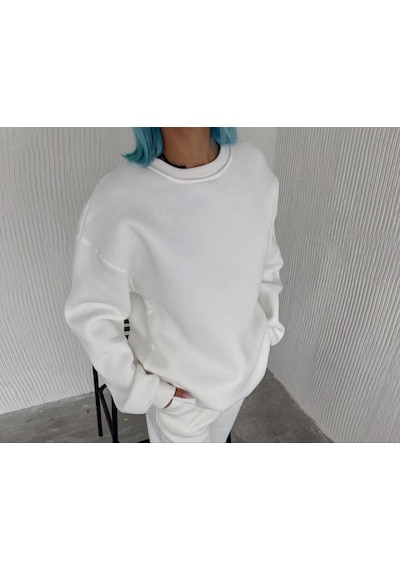 Mbb E-ticaret Kadın Bisiklet Yaka 3 İplik Pamuklu Basic Sweatshirt - Beyaz