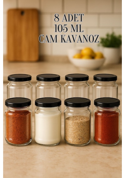 8 Adet 105 Ml Baharatlık Mama Şekerleme Çok Amaçlı Metal Kapaklı 105 Cc Kısa Cam Kavanoz Siyah