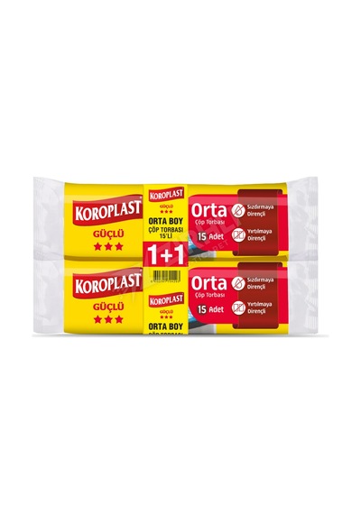 3 Adet Koroplast Güçlü Orta Boy Mavi Çöp Torbası 15'li 1+1