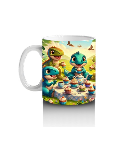 Çocuklara Sütü Sevdiren Cupcake Partisi Yapan Sevimli Dinozorlar Desenli Kupa Bardak Renkli