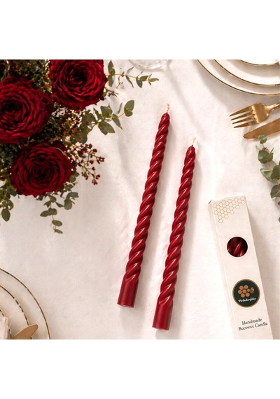 Petekoğlu Kırmızı 2 Adet 27.5 Cm Konik Burgulu Balmumu Mum Şamdan Mumu Doğal Petek Balmumu Mum Beeswax Candle Diğer