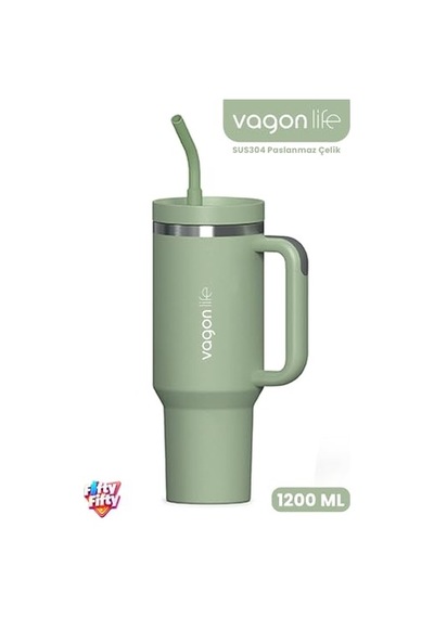 Tumbler Quencher Cup 1200 Ml Pipetli Rahat İçim Kulplu Sus304 Paslanmaz Çelik 1.2l Termos 1103-1200ml Yeşil Diğer