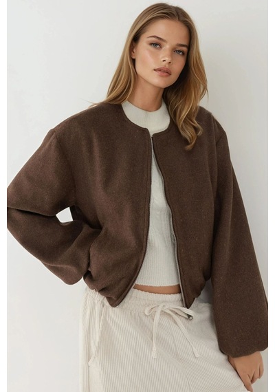 Hiccup Fermuarlı Oversize Kaşe Bomber Ceket Koyu Mocha Kahve