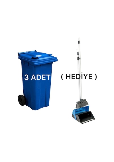 3 Adet Plastik Çöp Konteyneri 120 Lt Isıya Karşı Dayanıklı Kapaklı Faraş Hediyeli Mavi