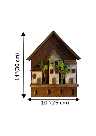 Ahşap Ev Temalı Duvar Askılığı 25x36 Cm 4 Kancalı Anahtarlık , El Yapımı Dekoratif Askı Kahverengi