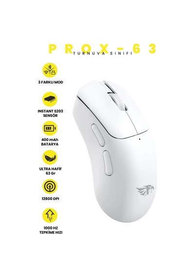 Gaming Kablosuz Mouse Beyaz 63g Ultra Hafif 2.4g, Bluetooth, Type-c, 12800 Dpı Şarjlı Ergonomik Makrolu Tasarım Diğer
