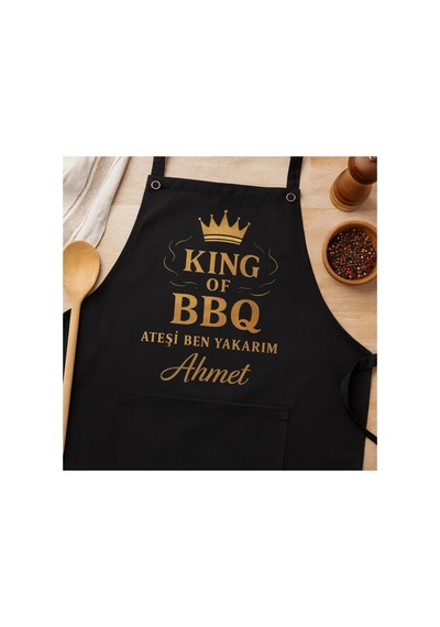 King Of Bbq Ateşi Ben Yakarım İsme Özel Siyah Mutfak Önlüğü Siyah