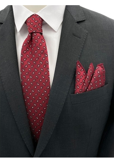 Brianze Bordo Küçük Şal Desen Kravat Mendil Set Bordo