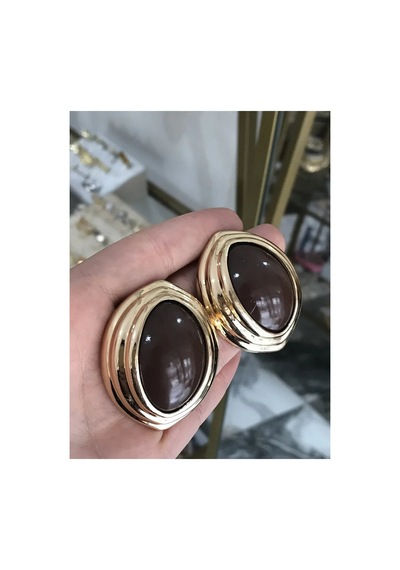 Kahverengi Düğme Model Küpe