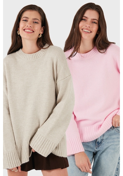 Lela Regular Fit Bisiklet Yaka Basic 2'li Paket Triko Kazak Bayan Kazak 4616213s2 Taş-toz Pembe