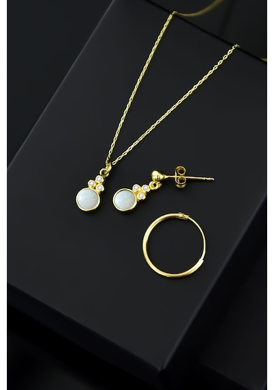 Papatya Silver 925 Ayar Gümüş Gold Kaplama Beyaz Opal Yuvarlak Kolye Çivili ve Halka Küpe Set