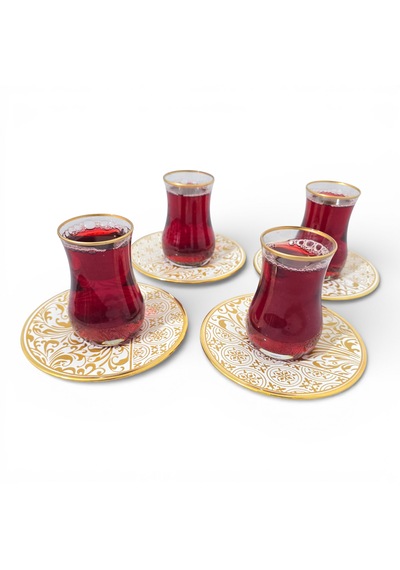 Sudedi Home Gold Yaldızlı Çay Bardağı Seti 4 Kişilik Porselen Tabaklı Hediyeli Çok Renkli