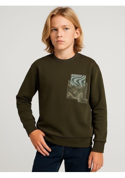 Zekids Erkek Çocuk Desenli Sweatshirt-16145 Haki