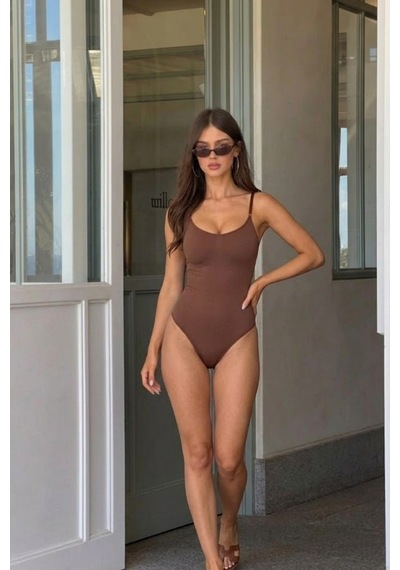 Kadın Slip Kalıp Kahverengi Body Örme Orta Destek