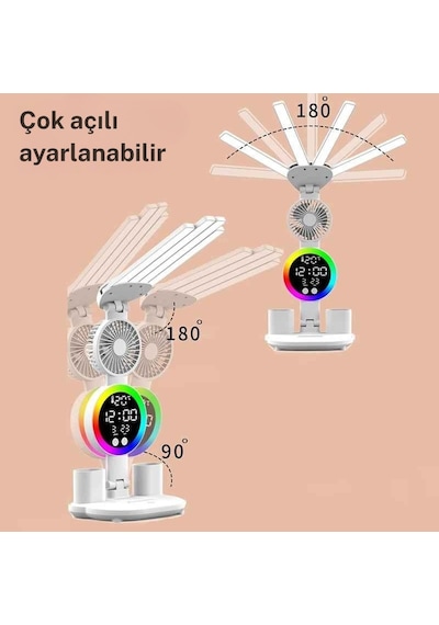 Monozone Rgb Şarjlı Led Masa Lambası Fanlı 4başlı Lamba Rgb Saat Ekranlı Kısılabilir Çalışma Lambası Beyaz