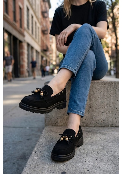 Efw Kadın Yüksek Kaymaz Taban Siyah Süet Boncuklu Bağcıklı Loafer Oxford Ayakkabı