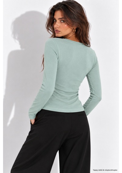 Wild Bee Kadın Mint Pamuklu Vücudu Saran Düğmeli Basic Hırka Bluz Mint Yeşili