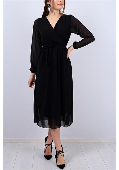 Neşeli Butik Kadın Siyah Kuşaklı Kruvaze Midi Şifon Elbise Nb2023 Siyah