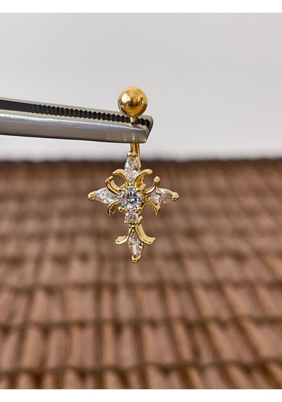 316 L Cerrahi Çelik Anti Alerjik 10 Mm Baget Taşlı Haç Model Göbek Piercingi Lacivert