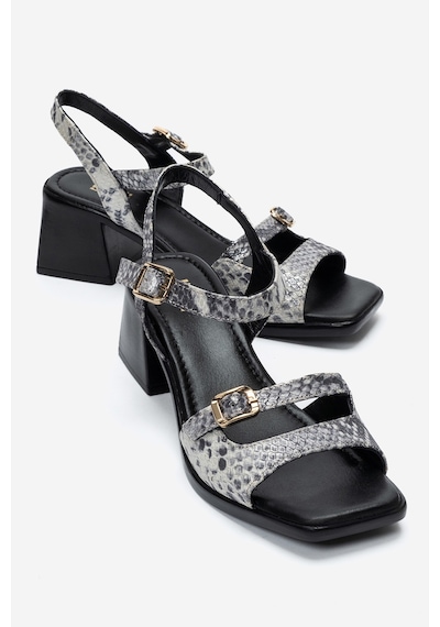 Luvi Shoes Yolen Siyah Desenli Hakiki Deri Kadın Kalın Topuklu Sandalet