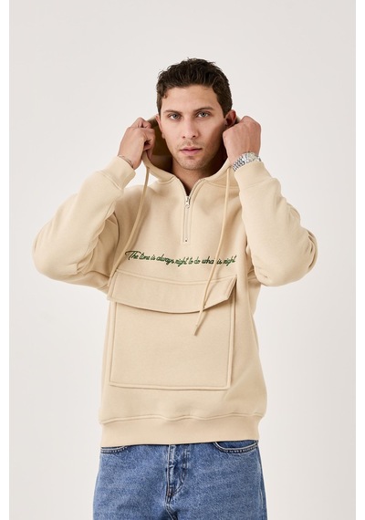 X-4005 Kapüşonlu Yarım Fermuarlı Sweat Bej