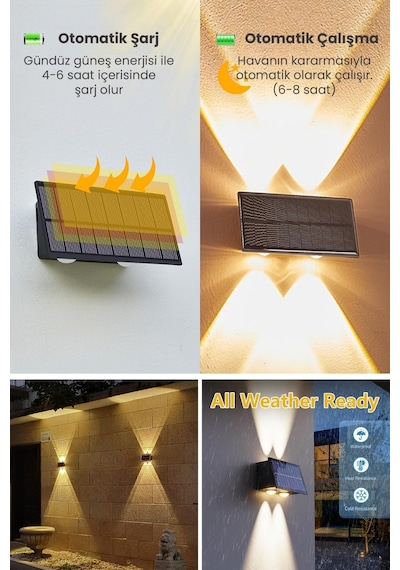 Trendpoint 2adet Solar Çift Taraflı 4ledli Aplik Sarı Işık Duvar Lamba Bahçe Aydınlatma Güneşle Şarj