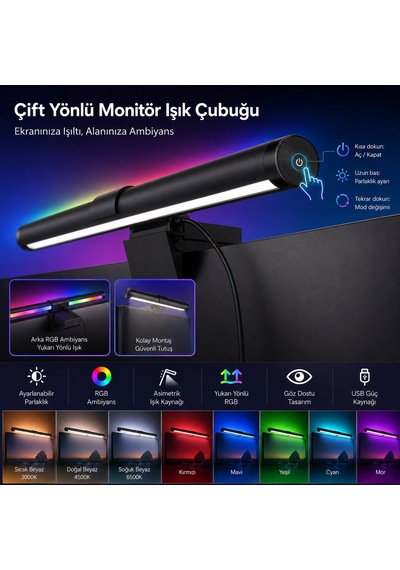 Dokunmatik Rgb Çift Yönlü Monitör Üstü Led Aydınlatma Monitör Işık Çubuğu 40cm