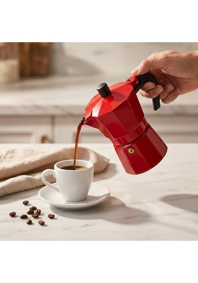 Kırmızı Moka Pot 3 Fincanlık, 180 Ml Alüminyum Espresso Demliği, Ocak Üstü Kahve Cezvesi, Gazlı Elektrikli Seramik Ocak Uyumlu, 9x12x17 Cm