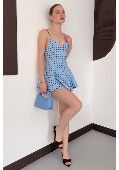 Verymoda Puantiyeli Askılı Mini Elbise D3003 Mavi Kahve