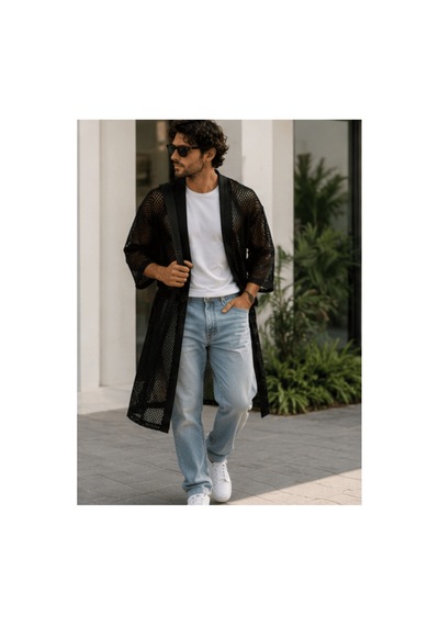 Qmen Style Erkek Plaj Bornozu Siyah File Kumaş. Siyah
