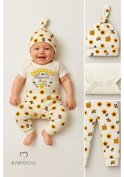 Babyden's 3 Lü Yenidoğan Takım Babasının Balı Baskılı Kısa Kol Body Arı,çiçek Desenli Pantolon Bere Ekru - Sarı