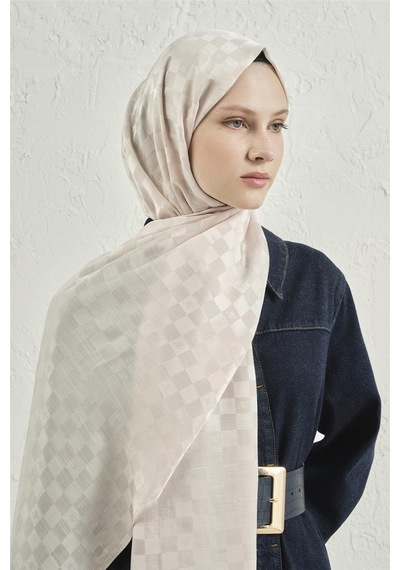 Armine Elegance İpek Pamuk Dama Şal 17 Krem