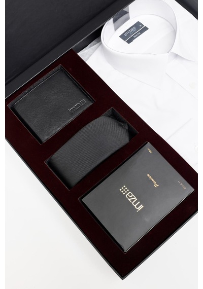 İmza Beyaz Gömlek Slim Fit, Kravat, Cüzdan, Parfüm 4'lü Set, Damat Bohçası, Hediye Seti, Düğün Set Beyaz