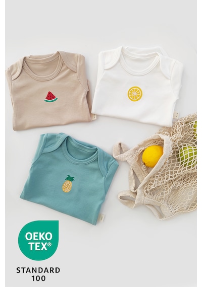 Luppinos Summer 3lü %100 Pamuk Nakışlı Bebek Body Set Bej - Mint Yeşil