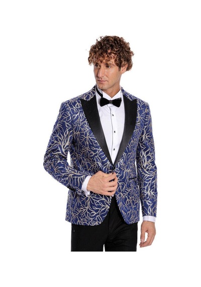 Wessi Işıltılı Sarmaşık Desenli Slim Fit Mavi Erkek Smokin Ceket Mavi
