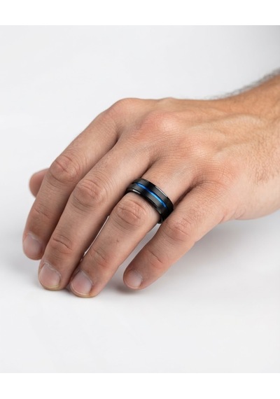 Erkek Siyah Renk Mavi Çizgi Detay Tungsten Yüzük Siyah - Mavi