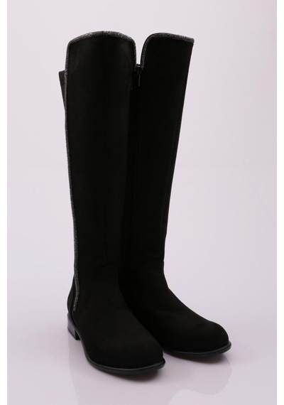 Dgn 508 Kadın Arkası Stretch Yan Taşlı Şerit Knee High Flats Çizme 508-1557-R1680 Siyah