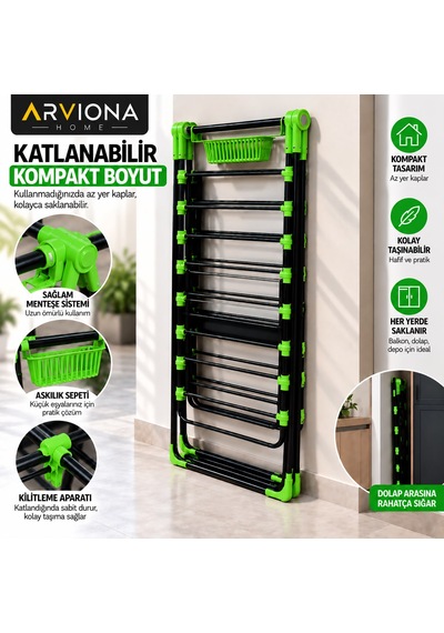 Arvıona Home 170 Cm Kalın Borulu Katlanabilir Metal Çamaşır Kurutmalığı 8 Borulu Yeşil