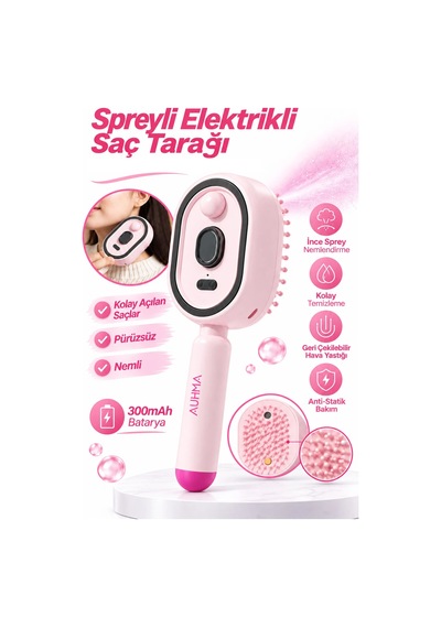 Exenar - Pembe - Spreyli Elektrikli Saç Tarağı 10ml Su Yağ Hazneli Antistatik Saç Bakım Fırça Elektriklenme Önleyici 0