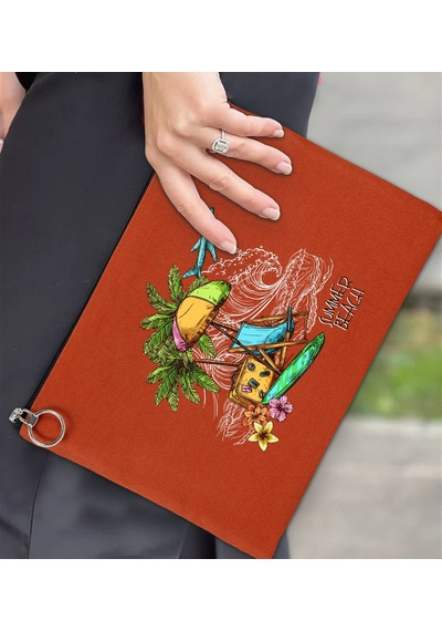 Bk Gift Yaz Temalı-9 Astarlı Kiremit Portföy Çanta 30x21cm, Baskılı El Çantası, Organizer Çanta Çok Renkli