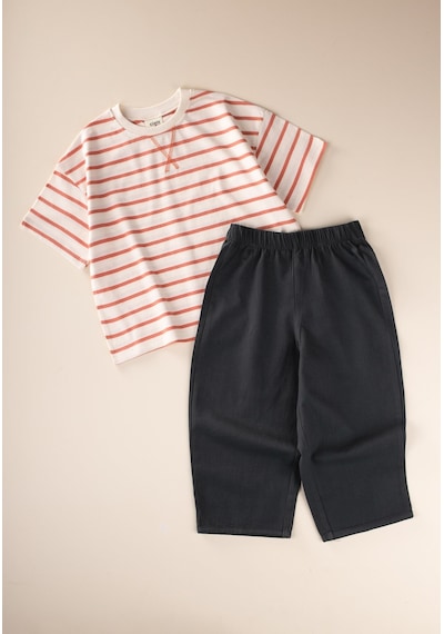Cigit Oversize T-shirt Geniş Kesim Pantolon Takım 2-10 Yaş Turuncu Çizgili